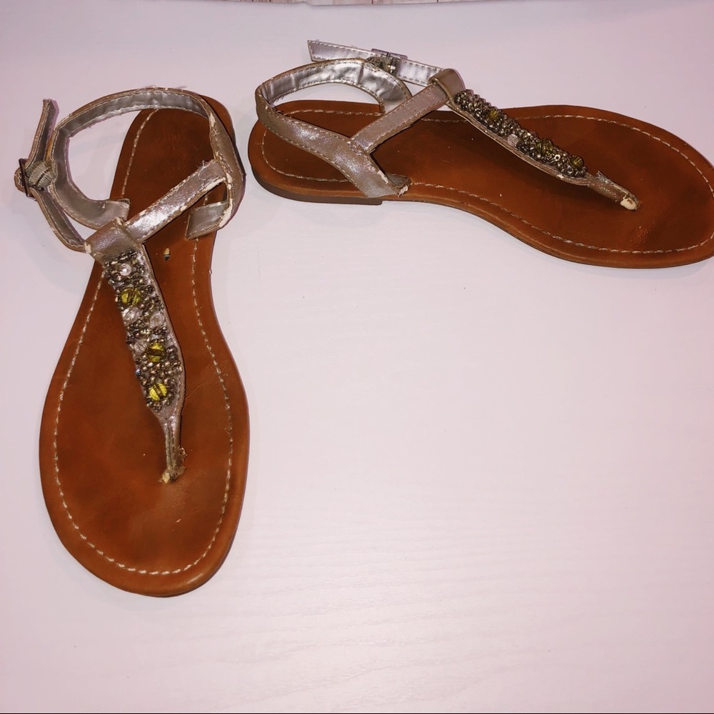 Tan Sandals with green and clear rhinestones